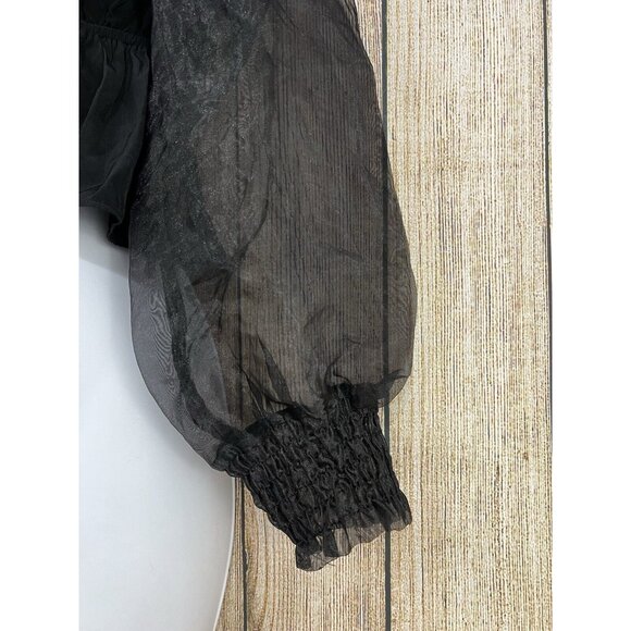 Women Black Milkmaid Cropped Top S Organza Puff Sheer Sleeve Coquette Whimsygoth - Picture 4 of 8